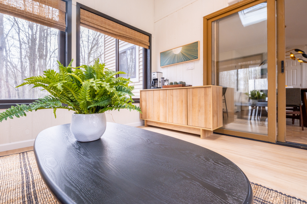 Sunroom with coffee and tea station.