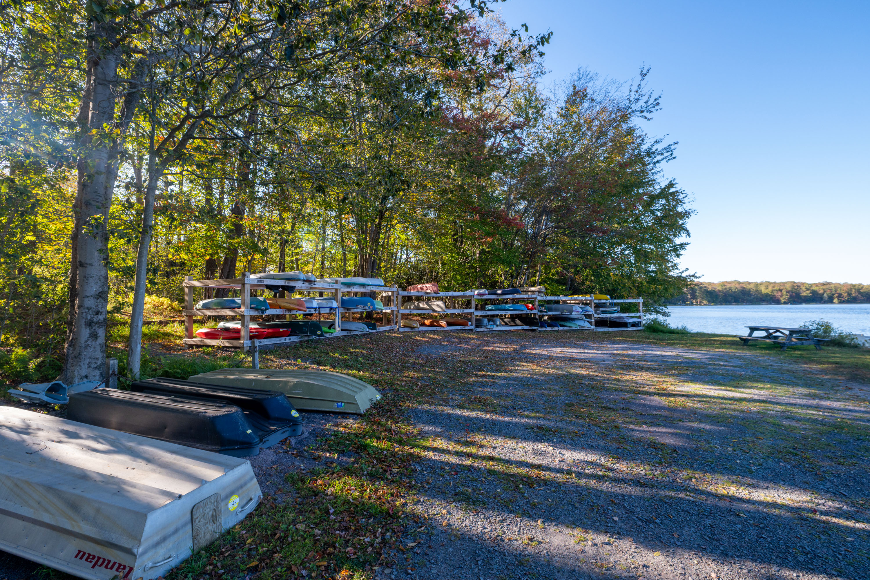 Poconos cabin at Big Bass Lake with Kayaks, canoes and paddleboards at Big Bass Lake Pa.