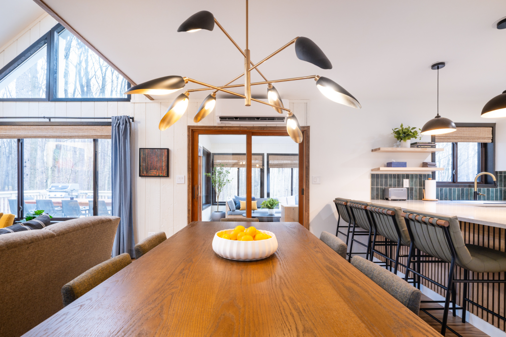 Dining table for six, plus counter seating for four.